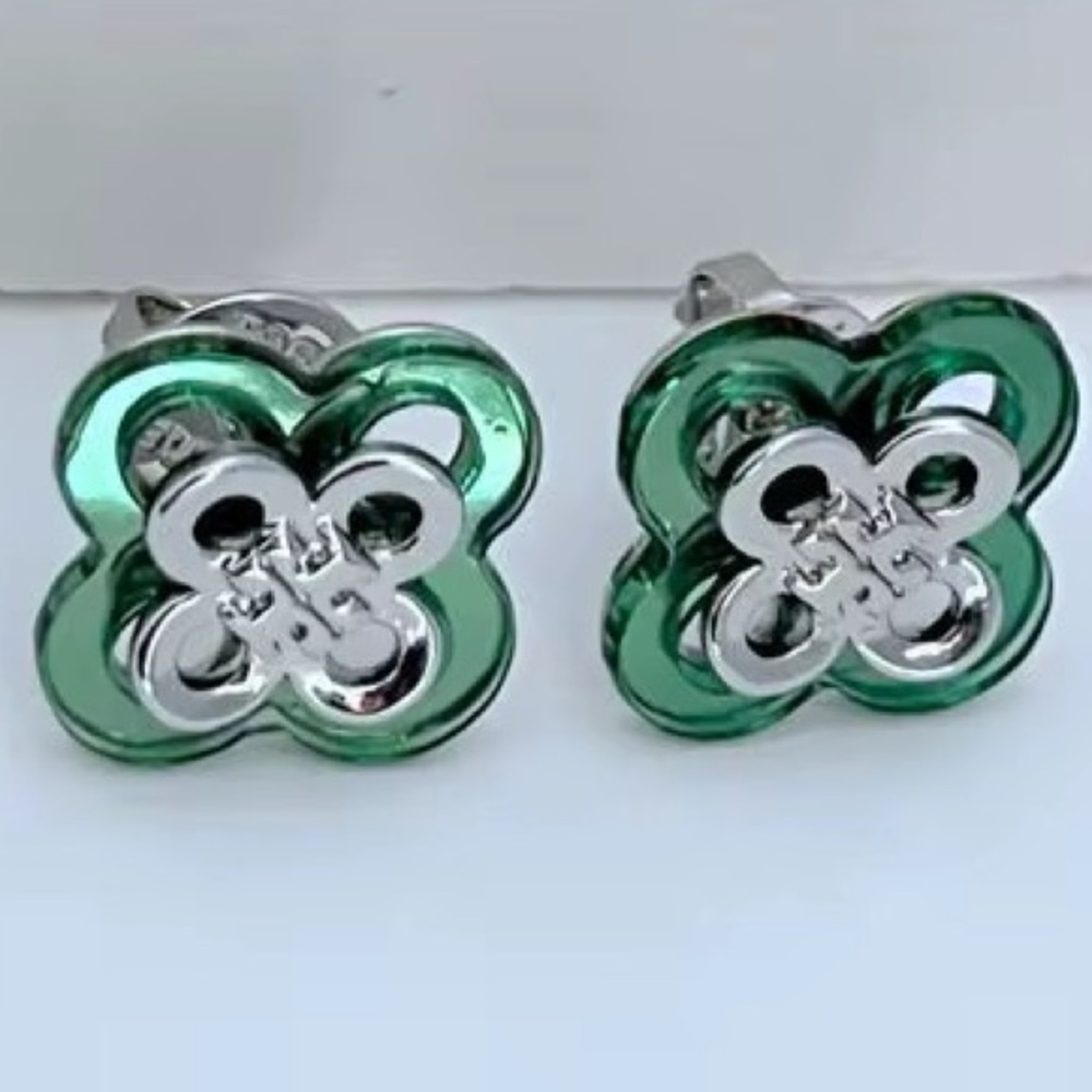 TORY BURCH STACKED GREEN + SILVER LOGO KIRA CLOVER STUD EARRINGS